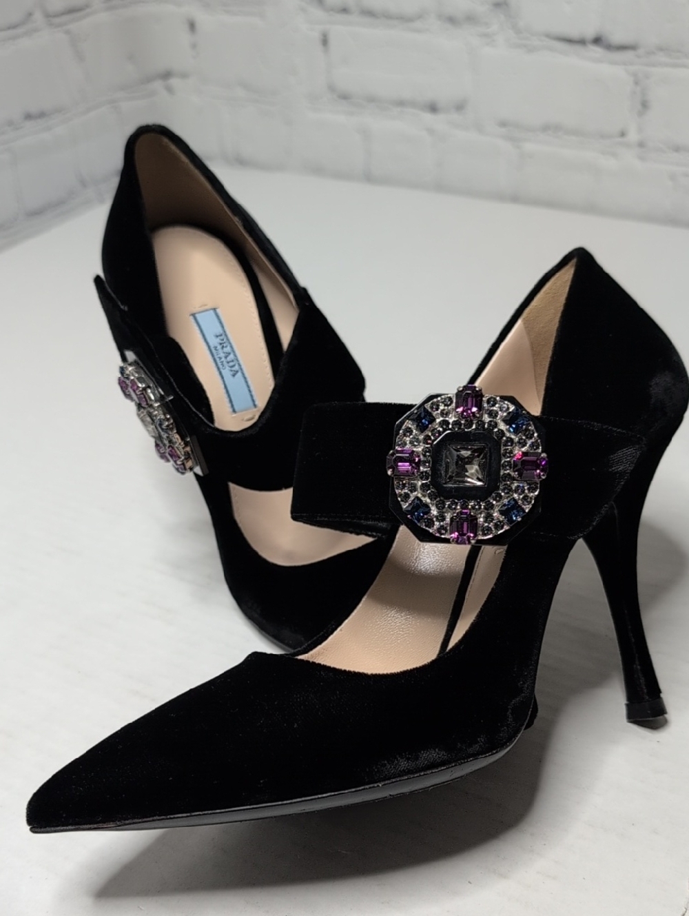 Prada Velluto Jewel Black Velvet Mary Jane Pumps Size 8 US